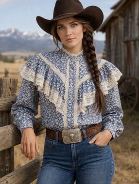 Vintage 80's Western Prairie Cowgirl Cotton Lace Floral Button Front Blouse SZ:L